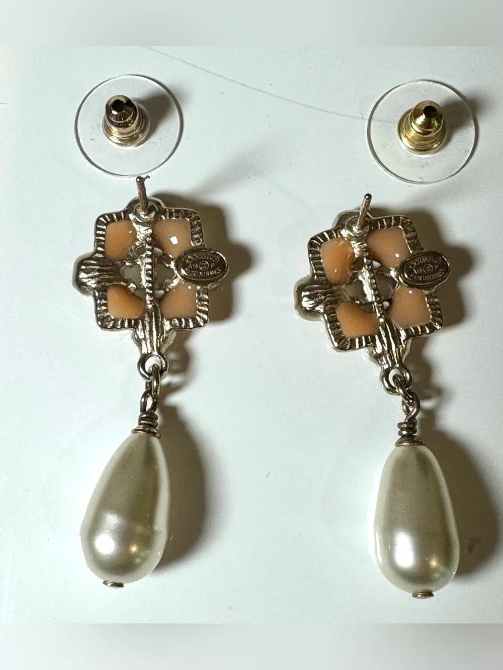 Chanel CC Logo Pale Pink Peach Resin and Fantasy Pearl Drop Earrings W Box